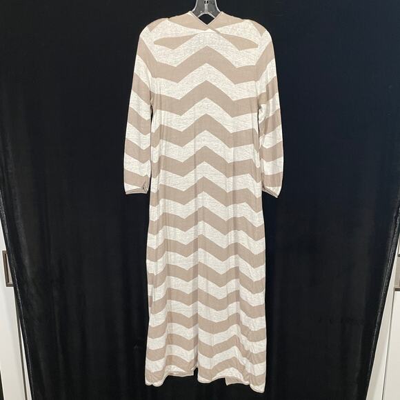 Garnet Hill Chevron Stripe Duster Cardigan Taupe White Linen Open Front M - Picture 5 of 5